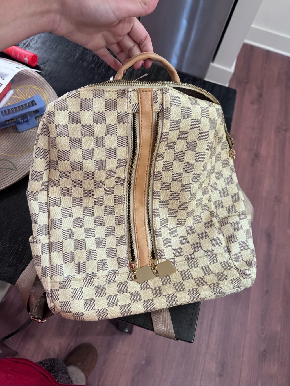 Beige Check Canvas Backpack with Matching Pouch